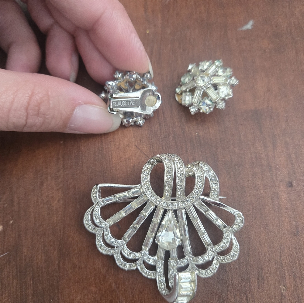 Vintage Claudette Rhinestone Silver Brooch and Earrings Set